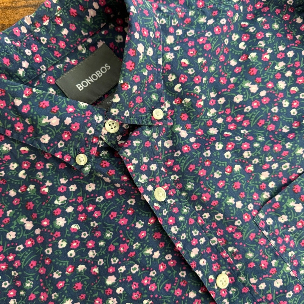 Bonobos Mens Slim Fit Floral Ditsy Button Down Shirt Navy Blue Pink Small S